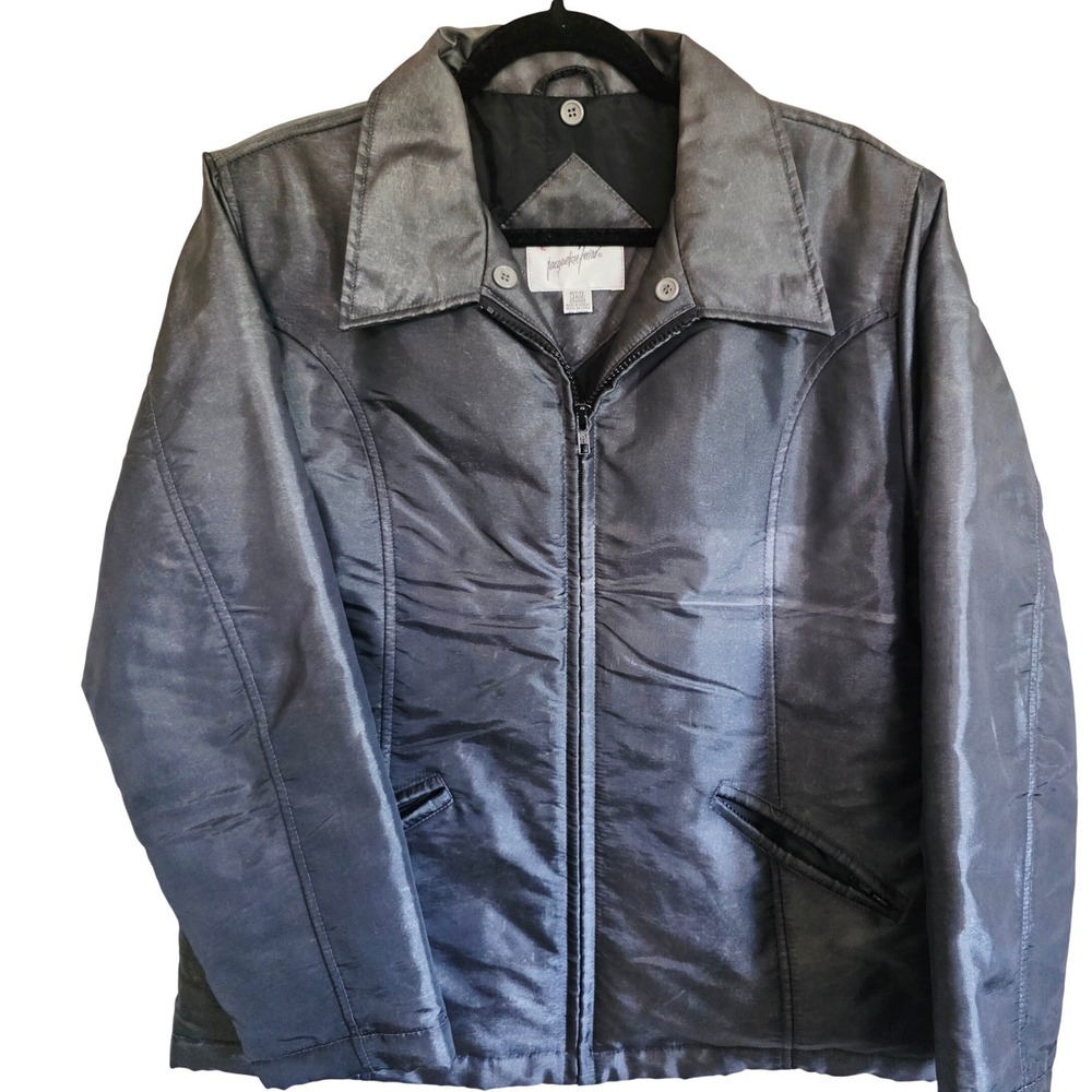 Jacqueline Ferrar PL Jacket Petite Large Silver Gray Metallic Belted Zip Up NEW - Picture 3 of 11